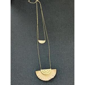 Double Layer Gold Tone Pendant Necklace with Textured Fan Design